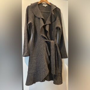 Susan Bristol 3/4 length 100% wool sweater jacket ruffle trim with belt size L